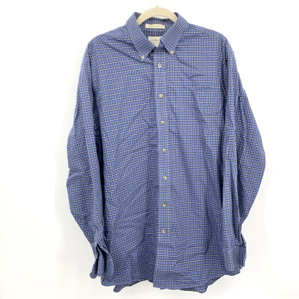 LL Bean‎ Men Size Large TALL Shirt Button Down Top Blue Checkered Plaid Cotton